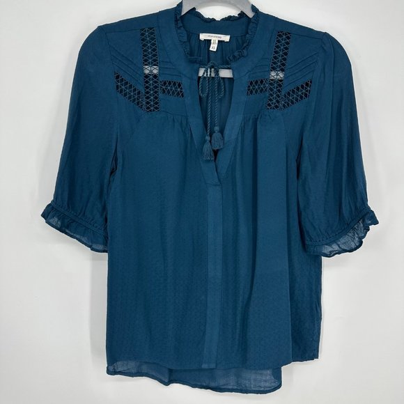 3/$25 Maurices Peasant Blouse Top XS Lace Tassel Ruffle Trim Short Sleeve Teal - Picture 1 of 7